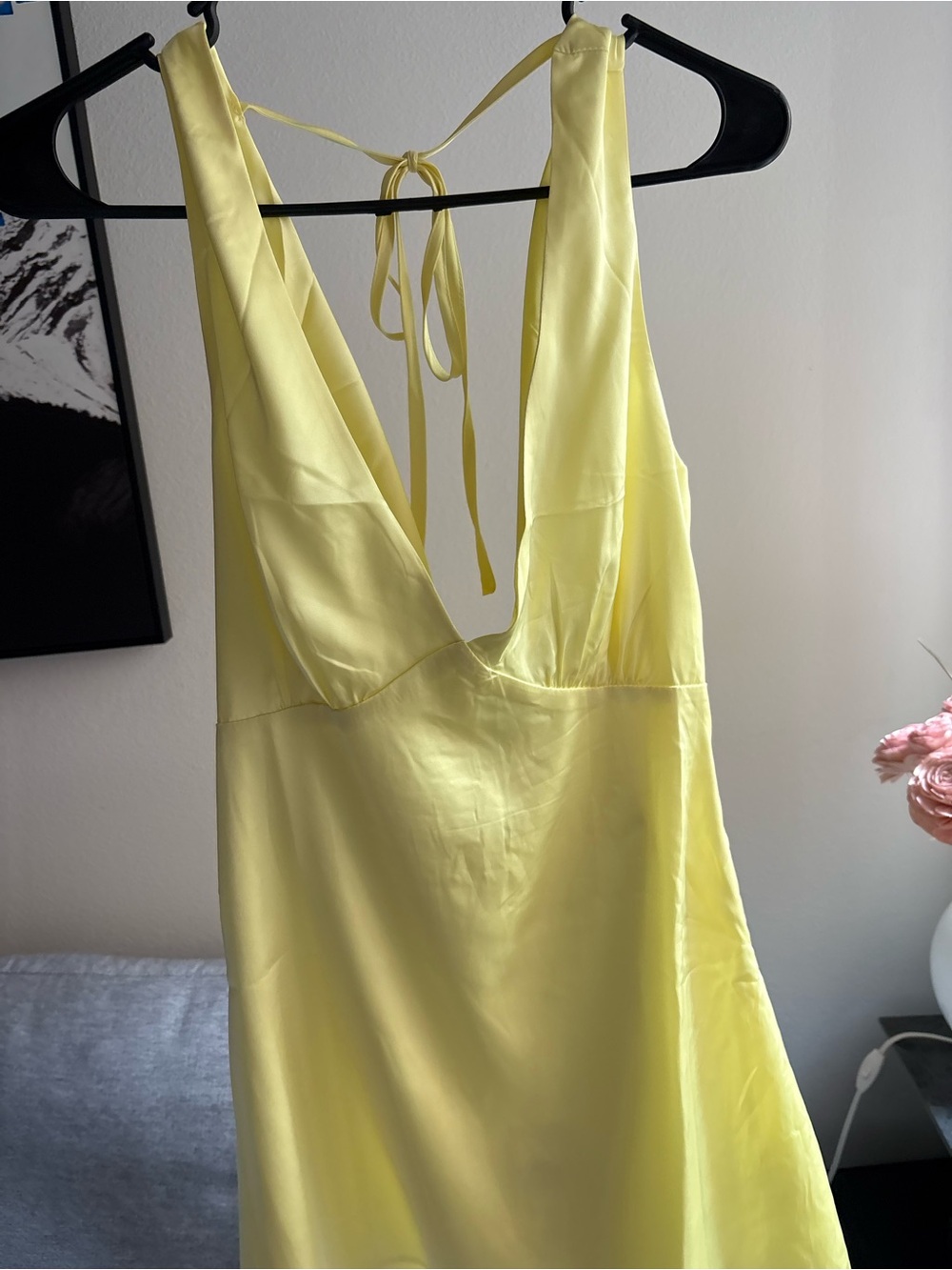 Peppermayo Yellow Backless Satin Halter Dress